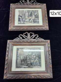 Pair of Antique Carved Wood Framed Engravings