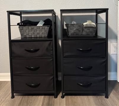Set of black nightstands/end tables with fabric drawers
