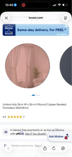Umbra Hub Round Beveled Mirror – Copper/Rose Gold – 36″