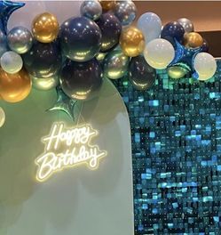 Happy Birthday neon sign with blue Shimmer backdrop for Decoration