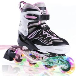 2PM SPORTS Cytia Pink Girls Adjustable Illuminating Inline Skates with Light up Wheels, Fun Flashing Beginner Roller Skates for Kids