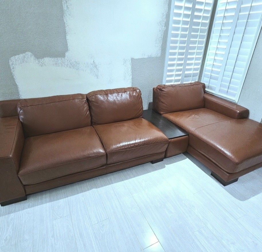 Leather Couch with Wood Tables