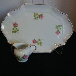 9 3/4" W X 6 3/4" H VINTAGE VICTORIA GARDEN CHILD'S PORCELAIN TEA SET OVAL PLATTER & CREAMER