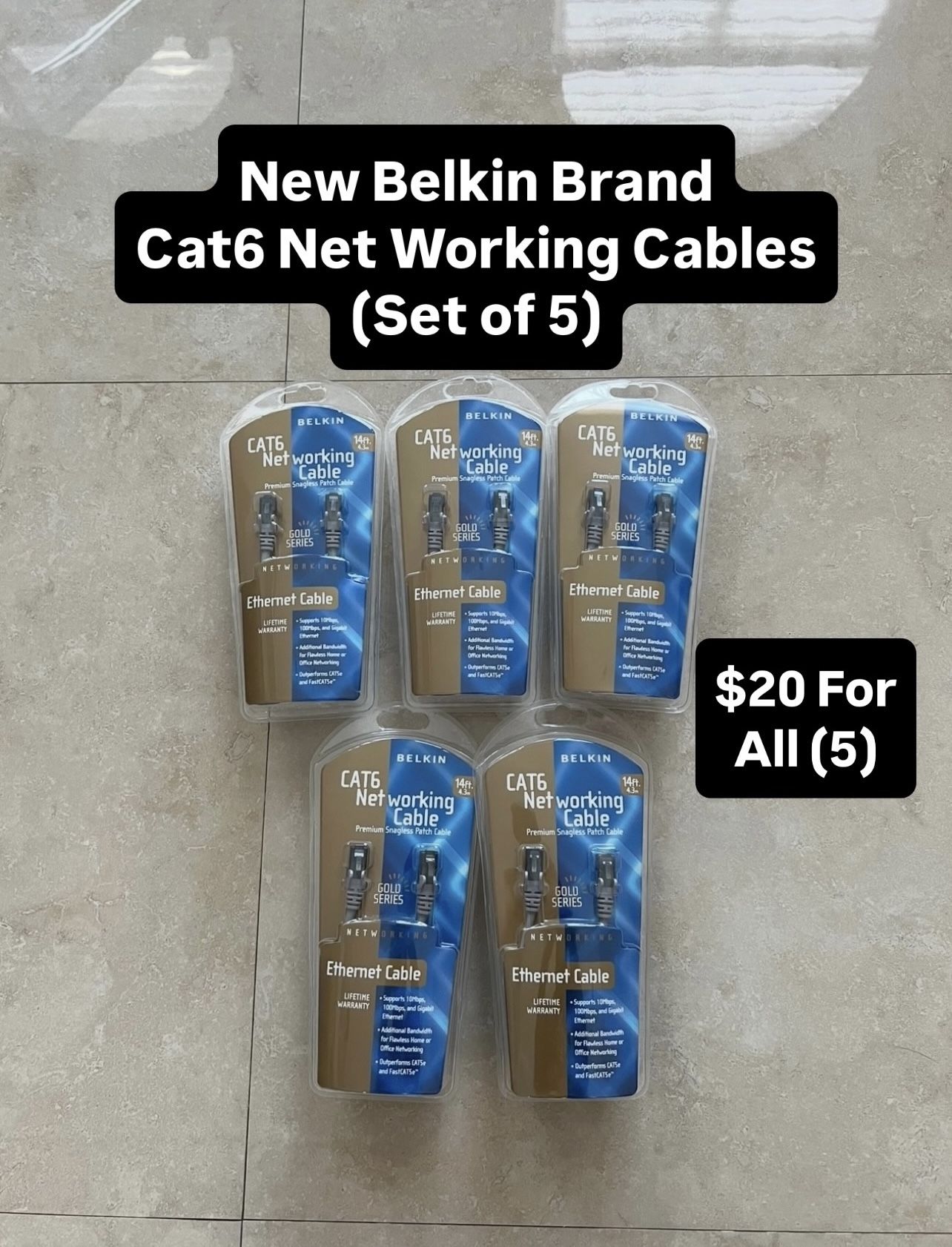 Brand New Belkin Brand Cat6 Net Working Cable (Set Of 5) Pickup Today!