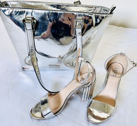 Women Bag And Heels/shoes Matching Stylish Silver Shiny