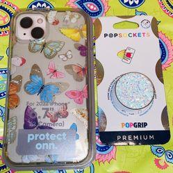 IPHONE📱14 PLUS COLORFUL🦋🌈🦋✨BUTTERFLY🌸🦋🌼DESIGNED PHONE📱CASE & SILVER🤍✨✨SHIMMERY POP SOCKET