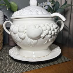 Vintage Signature Japan White Fruit Soup Tureen Set w/ Ladle & Plate