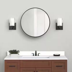 Open Box New Glacier Bay 23.6 in. W x 23.6 in. H Round Matte Black Medicine Cabinet with Mirror