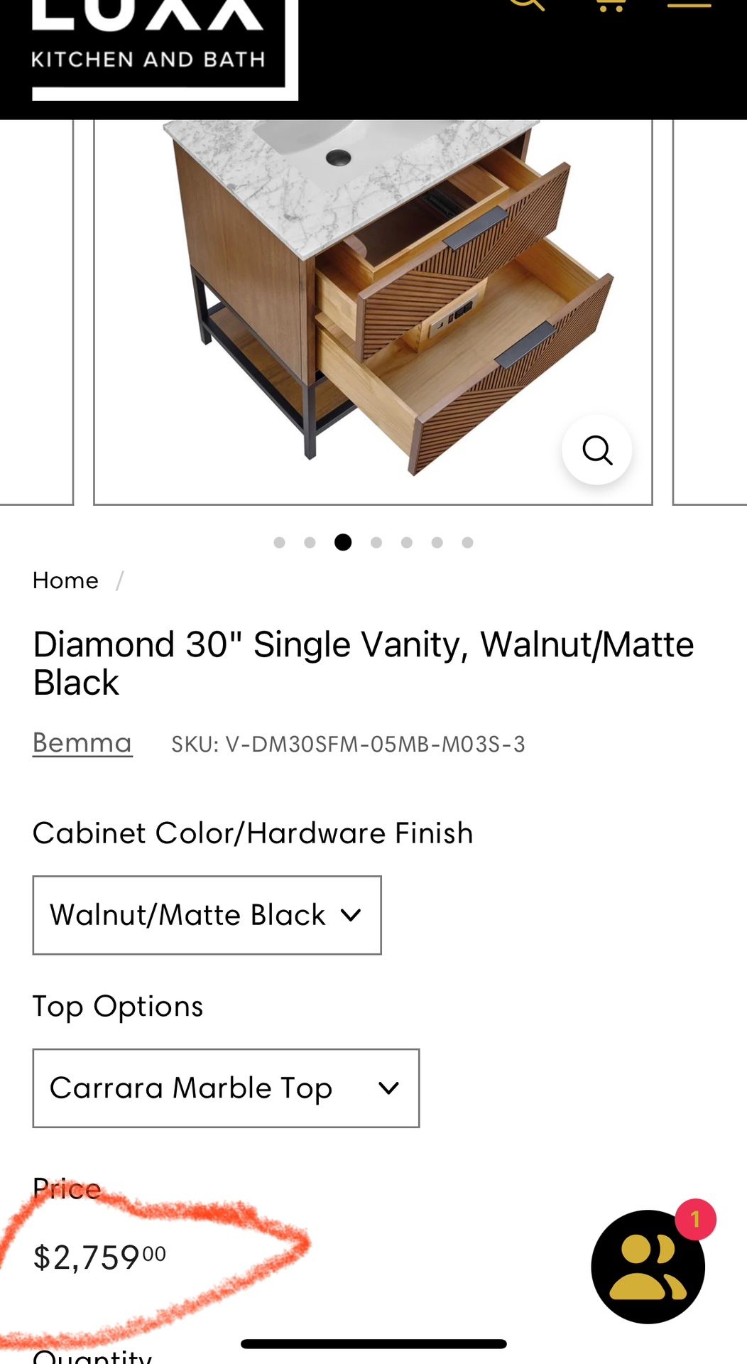 Diamond 30" Single Vanity, Walnut/Matte Black
