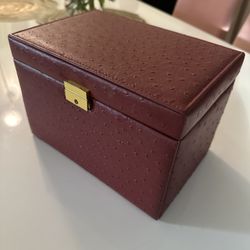 Red Ostrich-Embossed Leather Jewelry Box / Chest with Lock, Mirror & Drawers