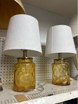 Vintage Mid-Century Amber Glass Table Lamps - Pair of 1970s Dimpled Thumbprint Jar Lamps with Linen Shades