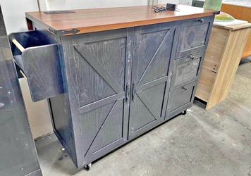 Has Scratches Assembled New 54.5" Farmhouse Kitchen Island w/ Power Outlet Black Rustic Roll