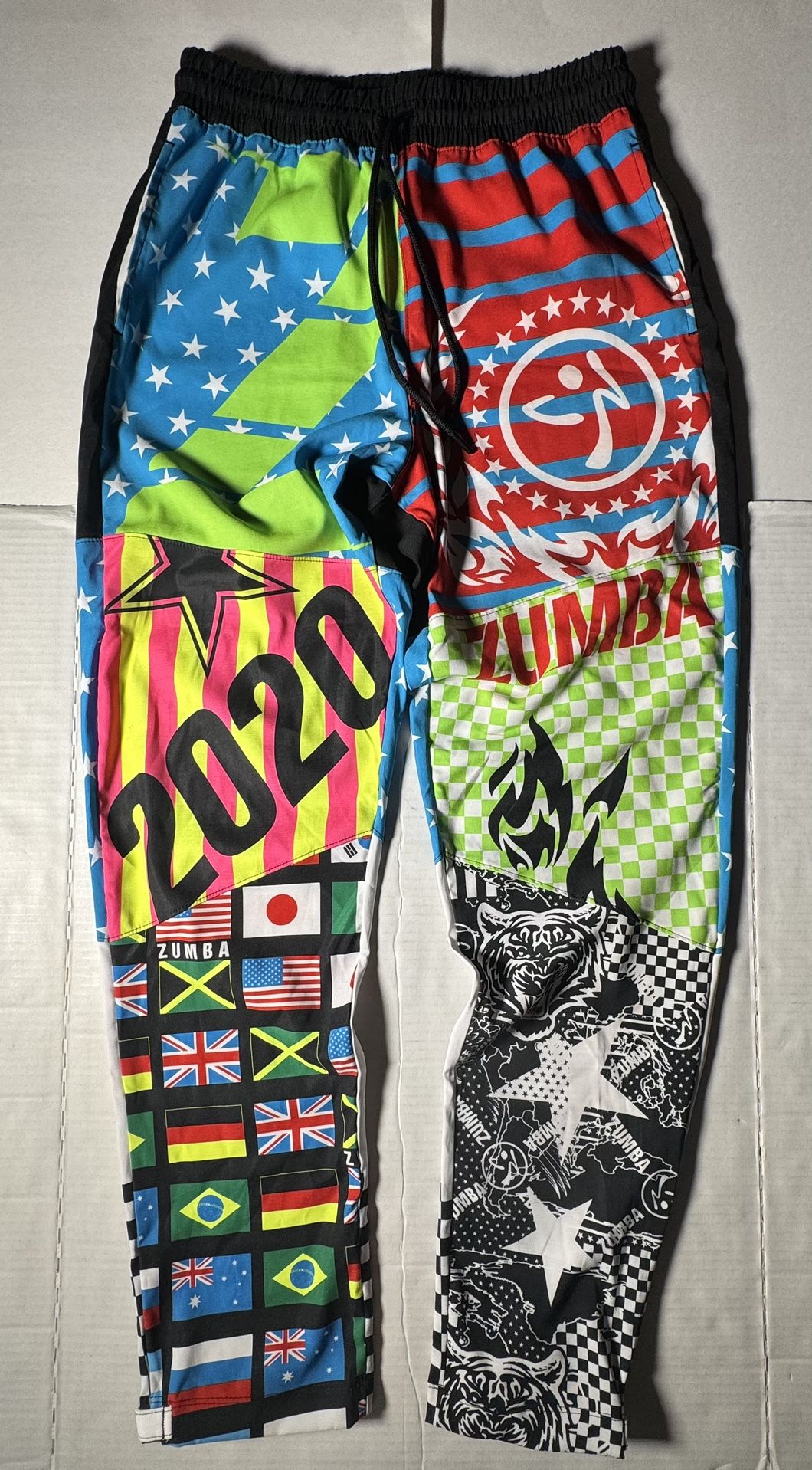 Pre Owned Excellent Zumba Wear Joggers 2020 Flags Countries Tiger Stars Stripes Adjustable Velcro Ankle Multicolor Women Size Small