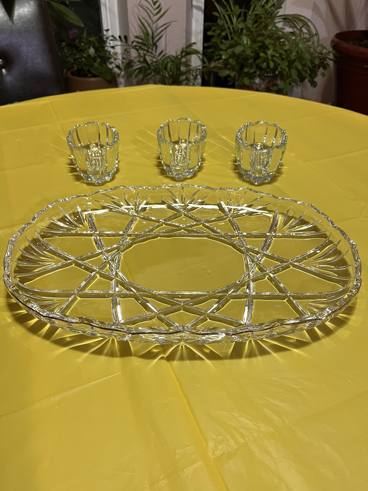 Vintage Set Of Crystal Silverware Holders & Crystal Platter 