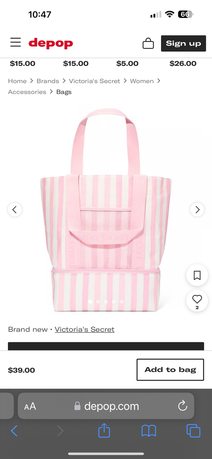 Victoria's Secret pink and white striped tote bag with a zipper pocket and mesh lining, featuring a handle and adjustable strap