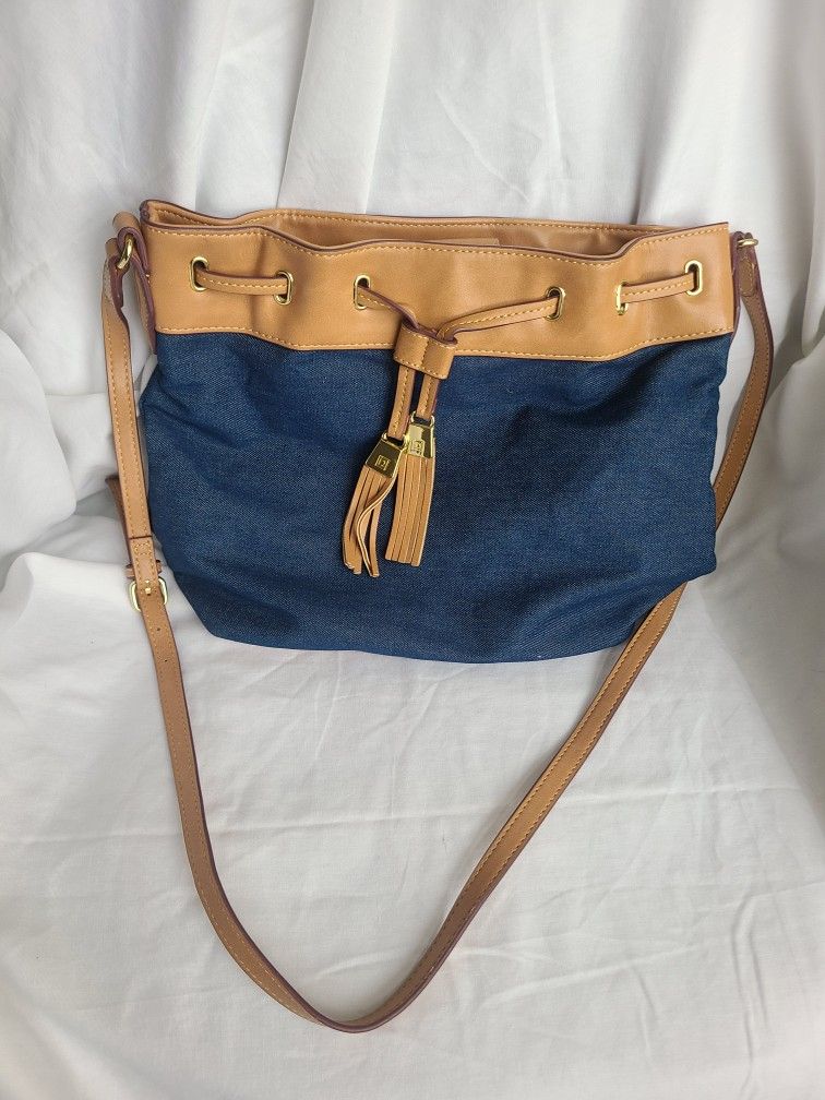 Liz Claiborne Women's Blue Denim Jean & Tan Faux Leather Drawstring Bucket Bag