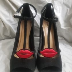 Shoes Size 9+/-. Black Faux Faux Suede With Big Embroidered  RED KISS