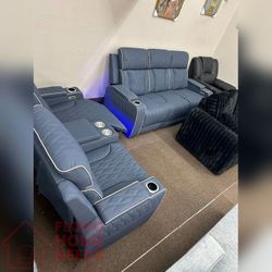 Blueish Gray Sanded Leather Recliner Living Room sofa and Loveseat
