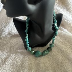 Estate- Vintage Chunky Genuine Turquoise Stone Necklace w/Large Turquoise Acrylic Beads 