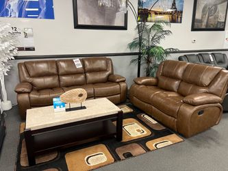 2PC Brown Leather Sofa & Loveseat