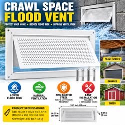 Wall Mounted Flood Vent, 8 in. H x 16 in. W x 2 in. D, White, Reduces Flood Risk and Damage for Crawl Spaces, Garages