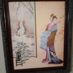 Framed Japanese Lady In Kimono Bonsai Tree
