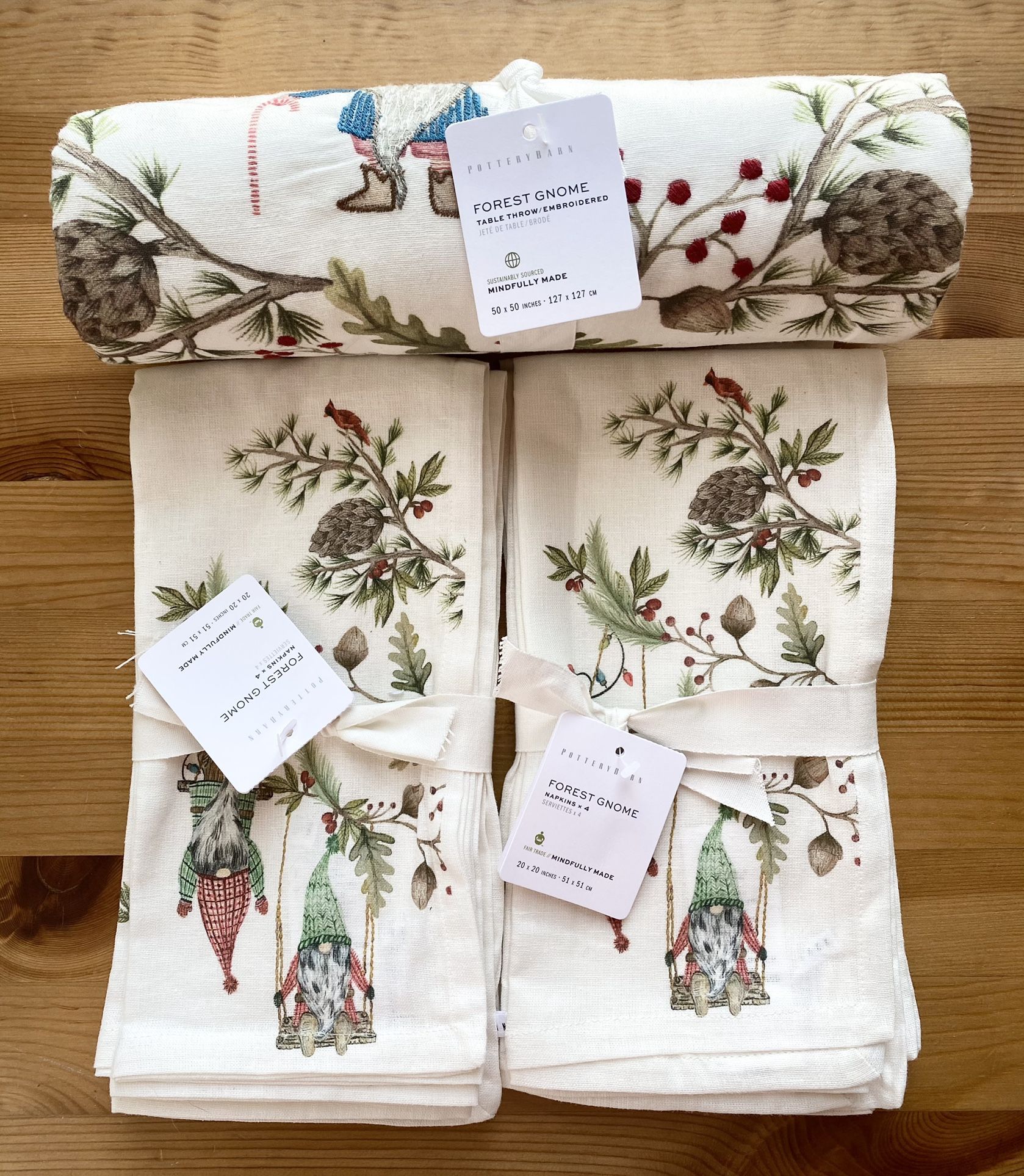 Pottery Barn Forest Gnome Embroidered Cotton/Linen Table Throw and 8 Napkins - NWT Retail $209