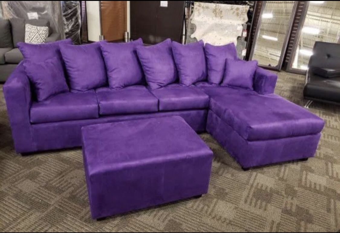 New USA Made Purple, Gray Or Black Sectional And Ottoman Sofa Couch