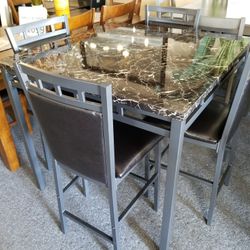 Brand New Gray Faux Marble Dining Table (42×42×36H) + 4 Metal Chairs