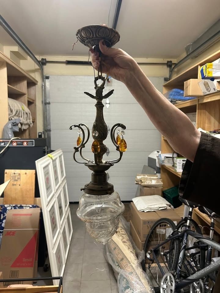 antique glass chandelier with amber stones