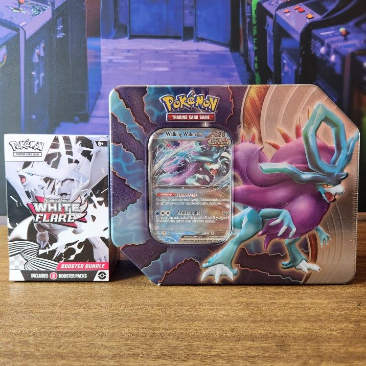 Pomemon Cards Paradox Clash Tins (Walking Wake Ex) and White Flare Booster Bundle (6packs)