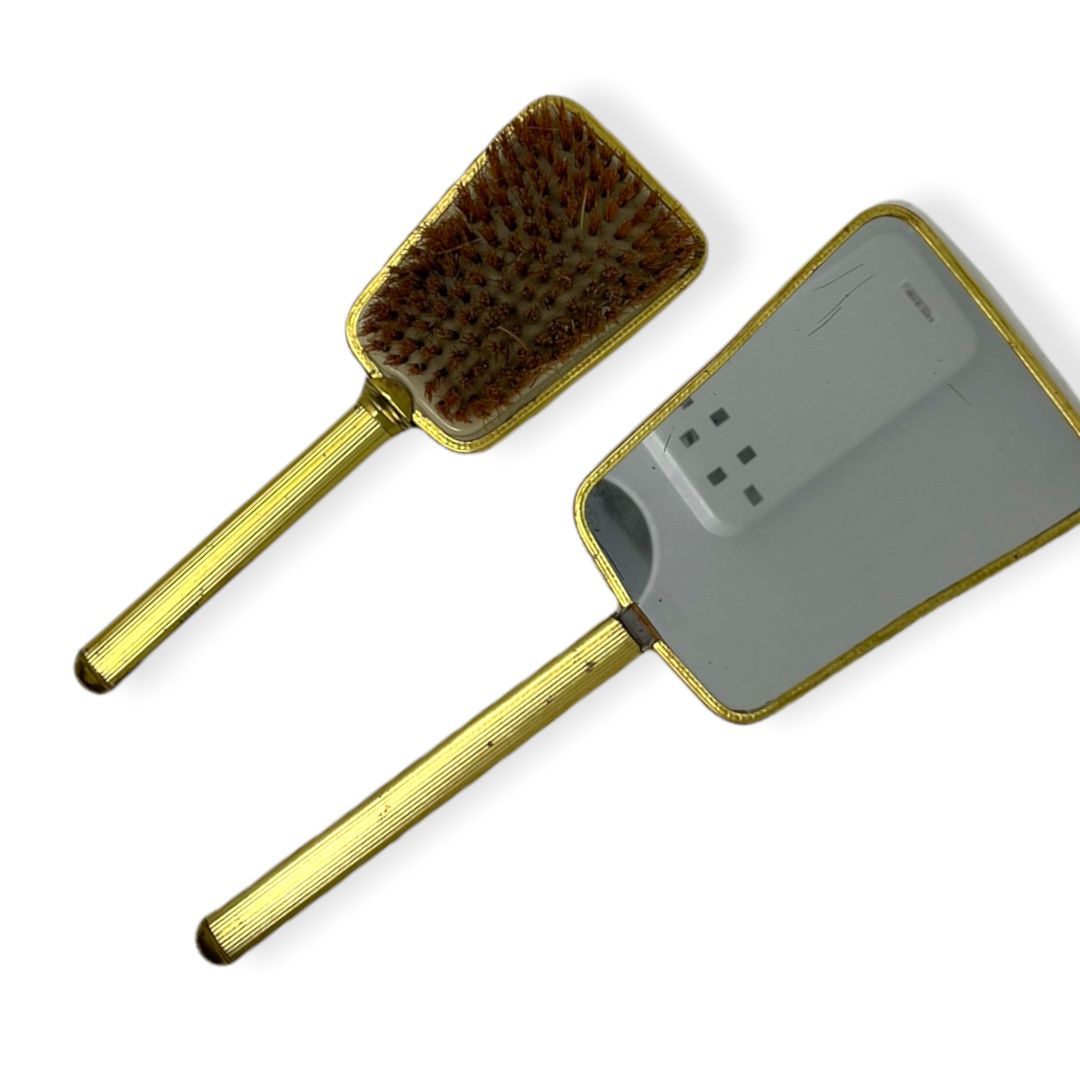  Vintage Handheld Green Vanity Mirror Boar Bristle Brush 