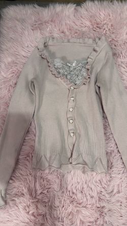 Beige Ribbed Knit Cardigan with Lace Detail (small)