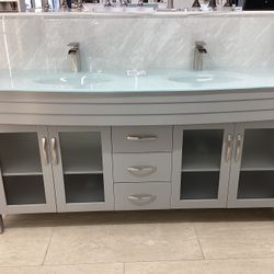 72” Bathroom Vanity Cabinet New Solid Wood Fully assembled Softclose Drawers Doors Tempered Glass Top 2 Sinks Ready For Pick Up Today