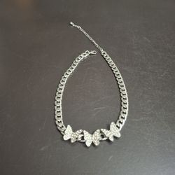 Silvertone Hip-Hop Style Cuban Link Choker Necklace With Rhinestone Butterfly Charms 12" W/3 Extra Inches Of Chain