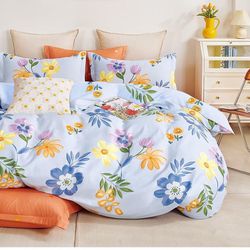 New Floral Cotton Queen Duvet Cover Set 3Pcs Comforter Cover 2 Pillowcases Baby Blue Flower Bedding Set