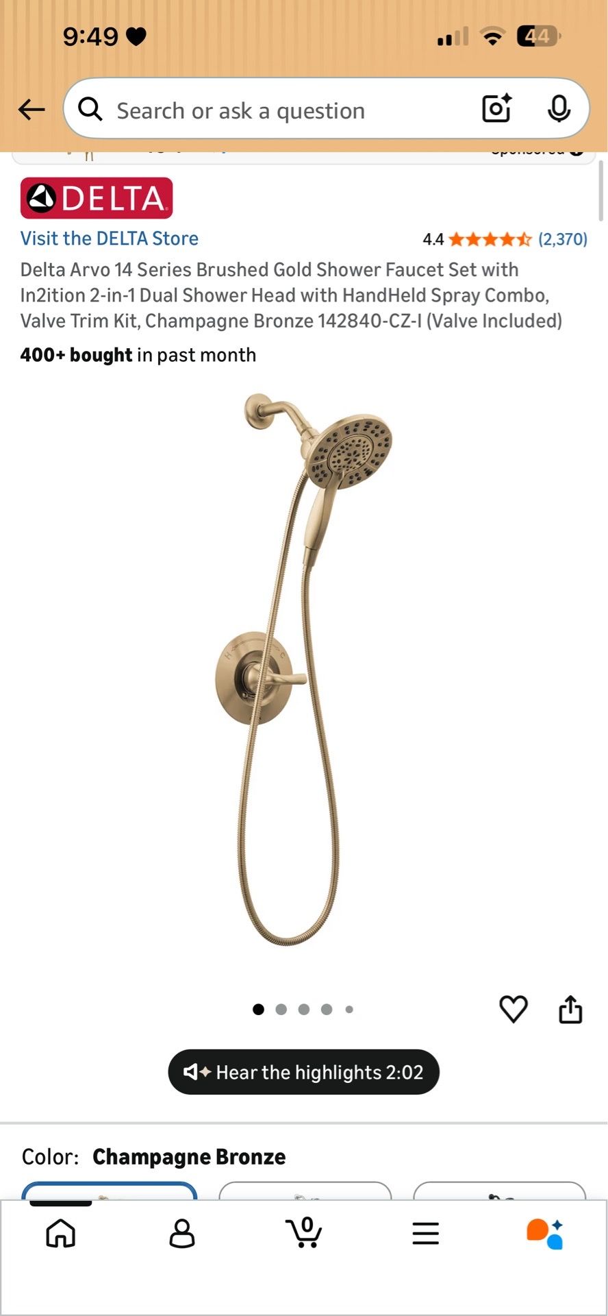 Delta Arvo 14 Series Brushed Gold Shower Faucet Set with In2ition 2-in-1 Dual Shower Head with HandHeld Spray Combo, Valve Trim Kit, Champagne Bronze
