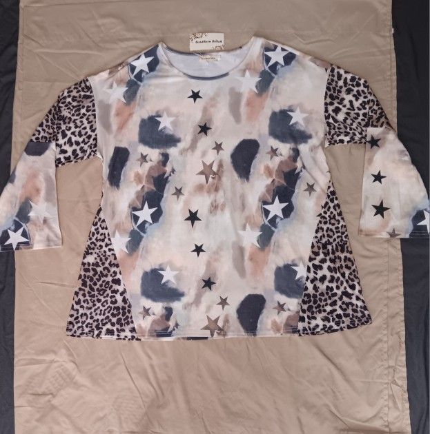 NEW W Tag 2XL XXL 3/4 Sleeve Gray Brown Beige Pink Peach Tunic Star Cheetah Top