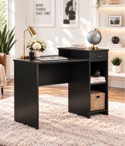 Brand New Beautiful Black Wood Finish Desk With Easy-glide Drawer And Storage Shelves