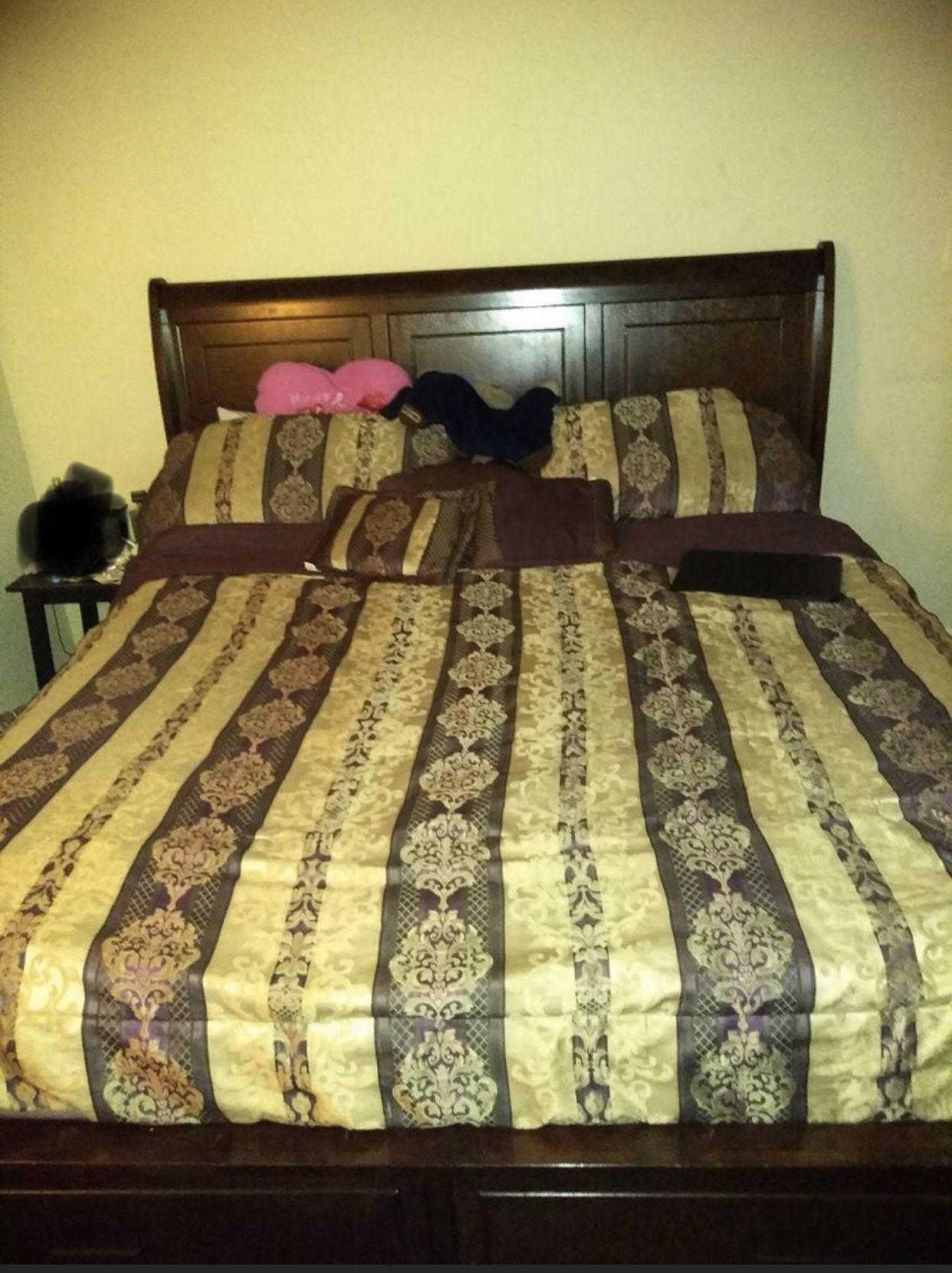 Bed frame must go has normal wear and tare needs slacks for mattress but overall in good condition paid a little over $2000 for it brand new looking