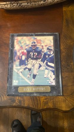 autographed Ricky Watters Philadelphia Eagles commemorative plaque with a marble-style border