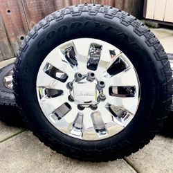 GMC Sierra 2500 20” OEM Chrome Duramax Wheels and 275/65/20 Goodyear TrailRunner AT 99% Tread