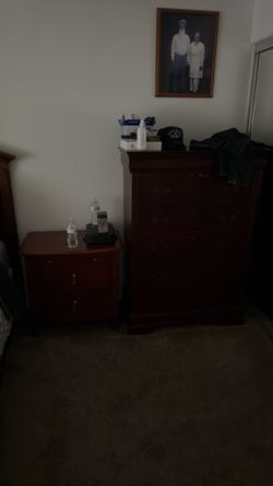 Queen bed frame plus mattress, desk, nightstand, and chest