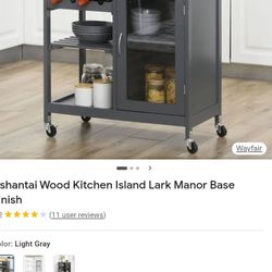 Medium Sized Dark grey Island 2 Tier, One Glass  Cabinet Door And One Shelf. Used Sturdy And Just Like New.