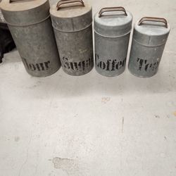 Rustic Galvanized Iron Kitchen Canisters Flour Sugar Coffee Tea Set 4 Farmhouse