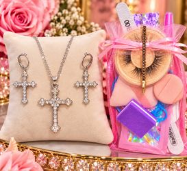 NWT 3 Pc Cross Necklace & Earrings Set & Handmade Beauty Gift Bag