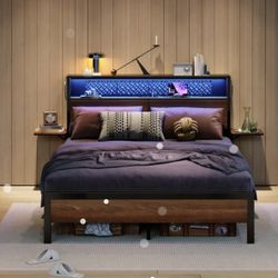 Queen Size Bed Frame Upholstered LED And charging Station 