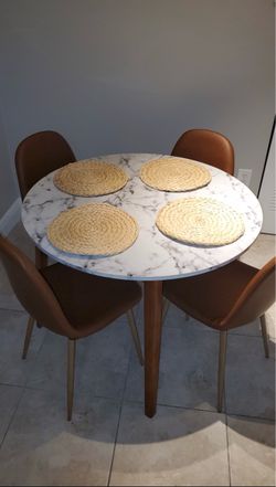 Faux Marble Dining Table with Top Solid Brown Wood Legs 40 inch