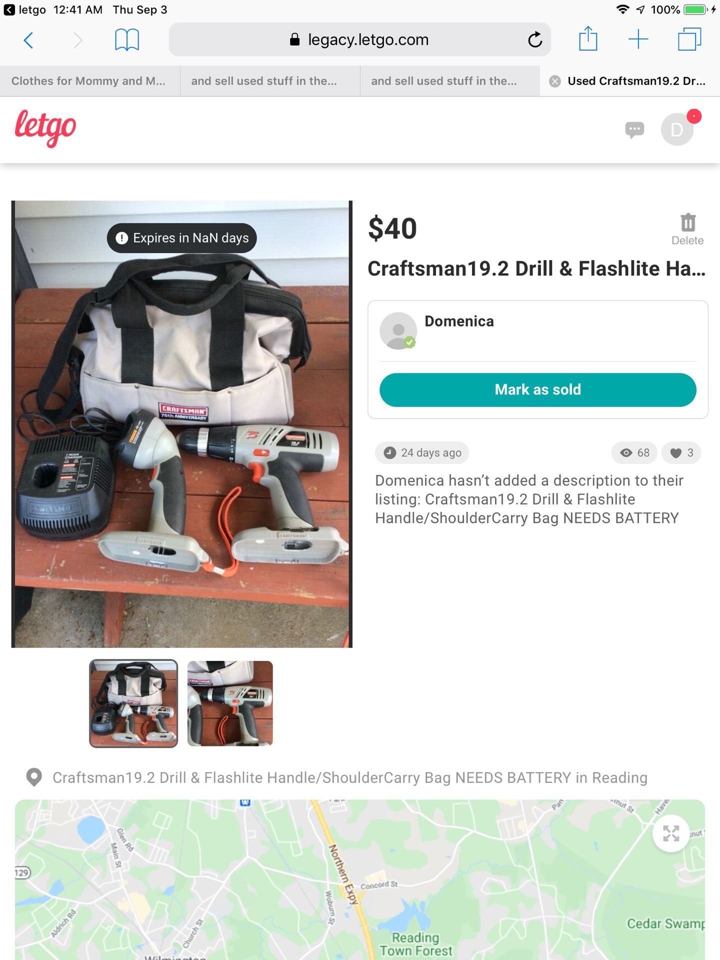 Craftsman 19.2 Drill & Flashlight & Carry Bag Needs Battery