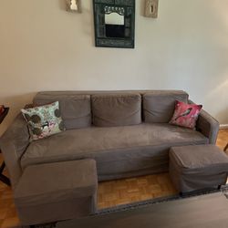 IKEA Gray Fabric 3-Seat Sofa cum fold out bed Wood Frame + 2 Matching Ottomans